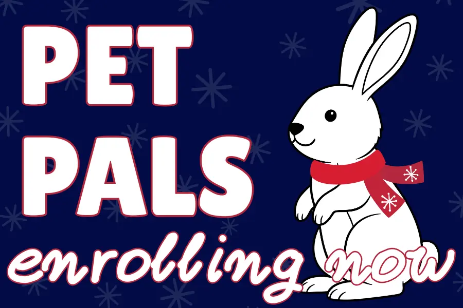 Pet Pals Winter Session is Enrolling Now. Depicts a white rabbit in a red scarf on a dark blue snowflake background.